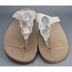 Fitflop Lunetta Women’s White Leather Thong Comfort Sandals 8 US Spring Summer